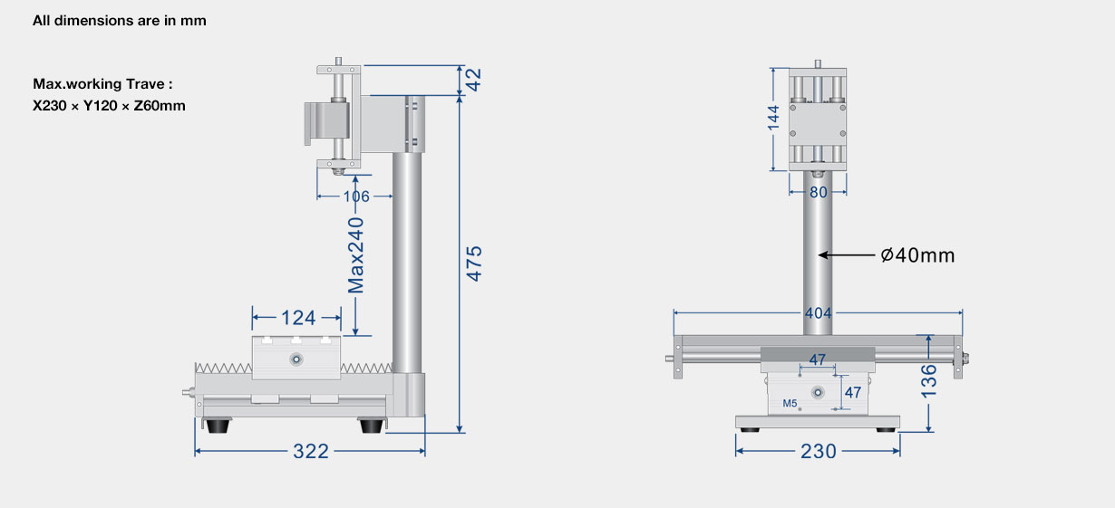 GJ-21Y CNC router mechanical kit – overall dimensions