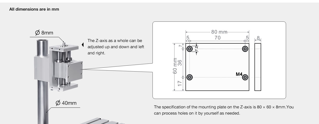 GJ-21Y CNC router mechanical kit – XYZ travel dimension diagram