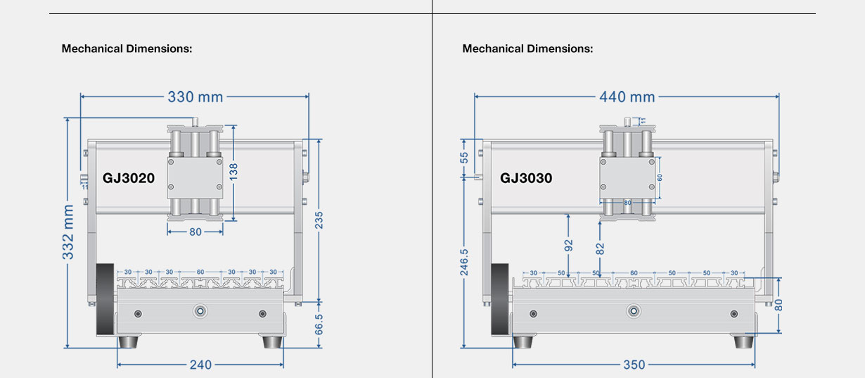 GJ-3020 and GJ-3030 CNC router mechanical kit – overall dimensions diagram
