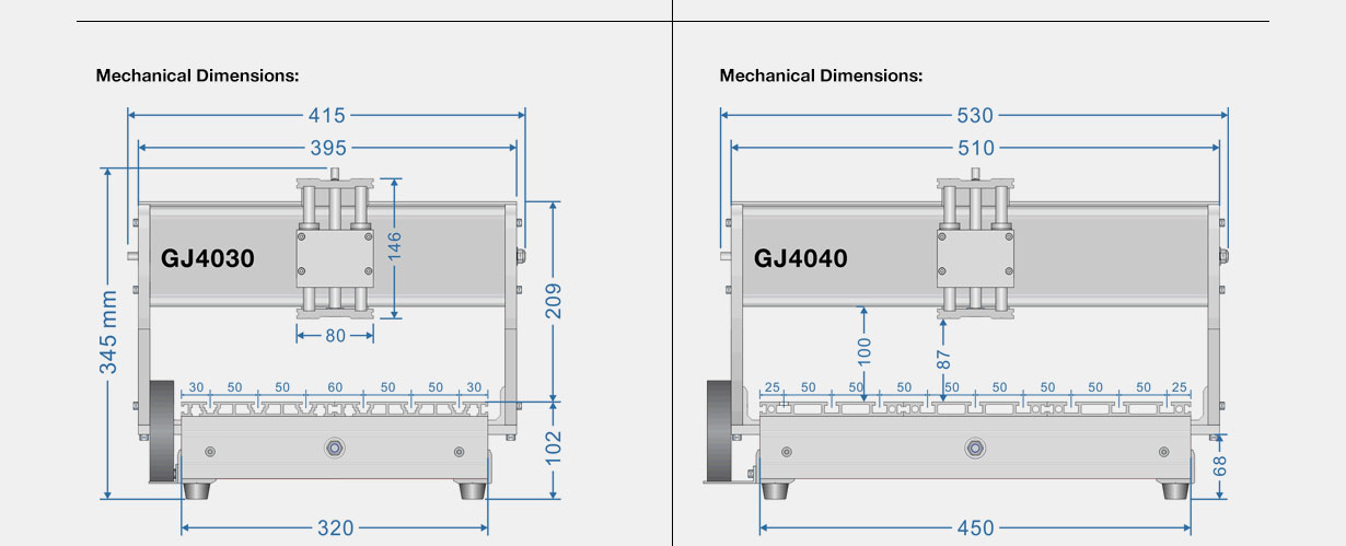 GJ-4030 and GJ-4040 CNC router mechanical kit – overall dimensions diagram