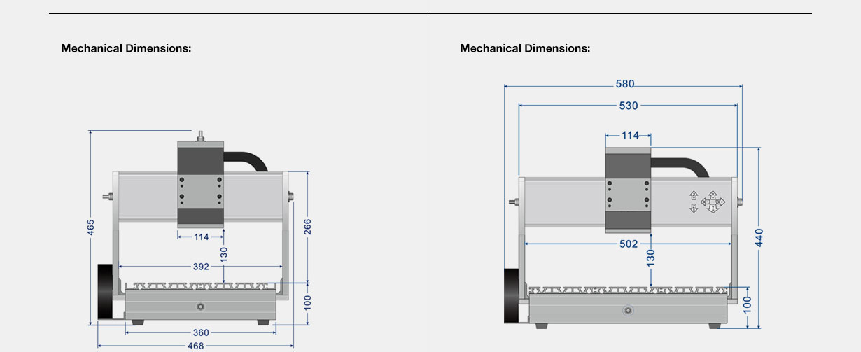 GJ-40F and GJ-60F CNC router mechanical kit – overall dimensions diagram