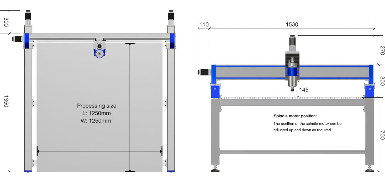 MPC-125 CNC Router dimensional drawing with overall size 1650x1640x1270mm and work area 1250x1250mm