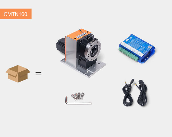 CMTN100 CNC rotary table packing list with driver board, cables, screws, and hexagon wrench