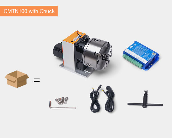 CMTN100 CNC rotary table with 125mm chuck packing list including driver board, cables, and wrench