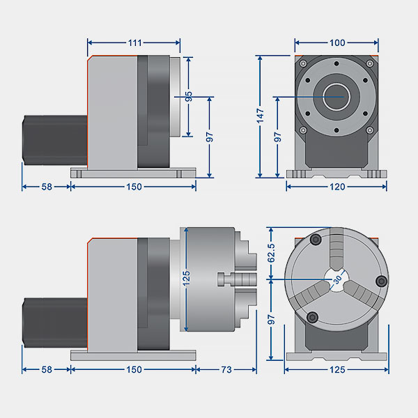 CMTN100 CNC rotary table dimensions drawing – front view