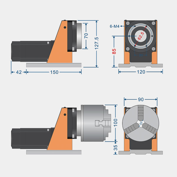 CMTN85 CNC rotary table dimensions drawing – front view