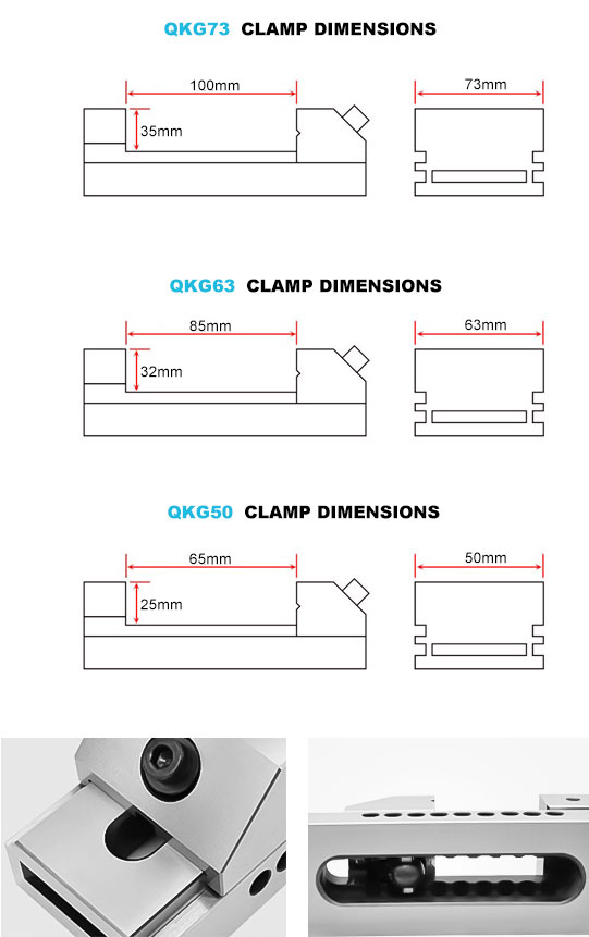 OMIOCNC QKG vise clamp dimensions diagram - QKG73, QKG63, QKG50 specifications