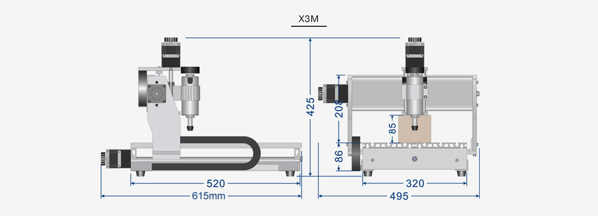 X3M desktop CNC machine equipment dimensions diagram