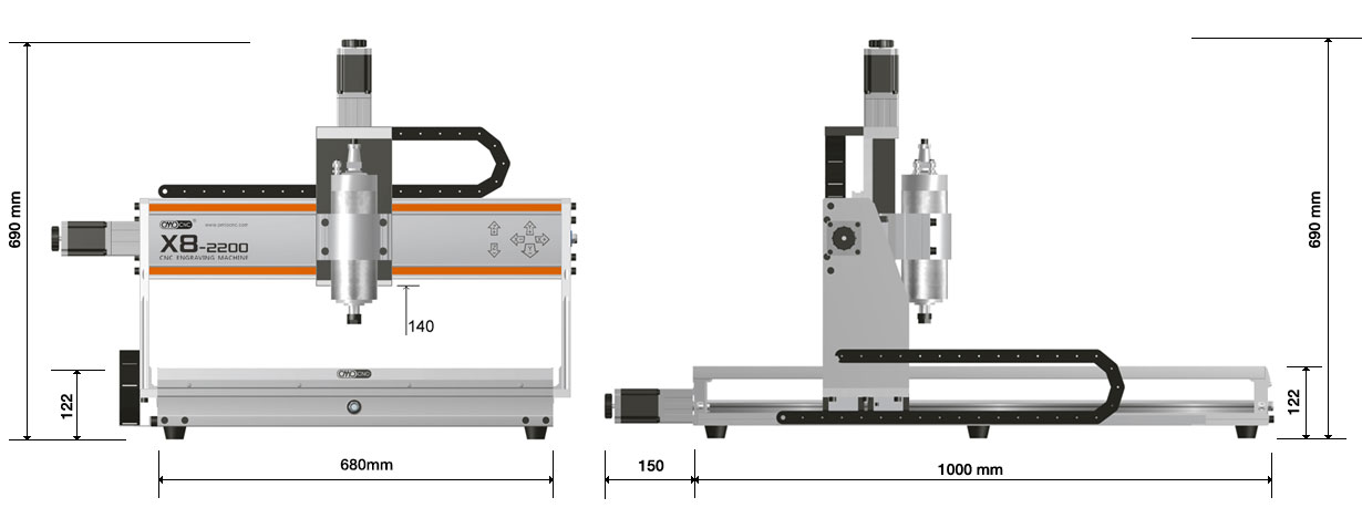 X8-2200L CNC Router dimensions drawing