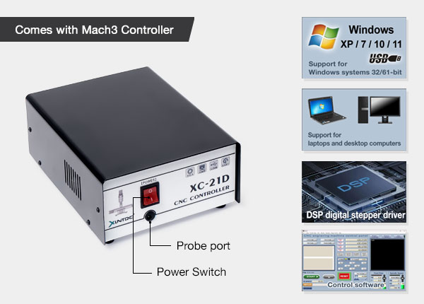 XC-21D compact CNC router controlled by Mach3 software on PC